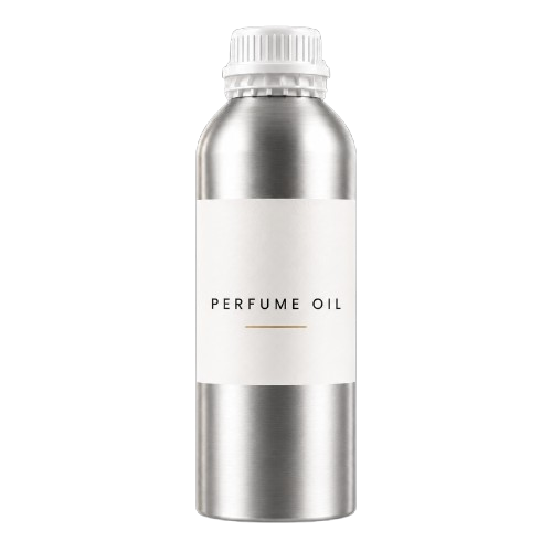 Aluminium bottle of perfume oil beside oud wood and orange blossom