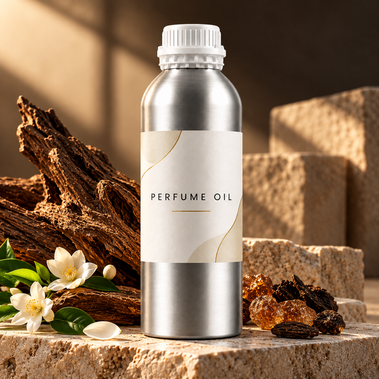 Perfume oil bottle with oud wood and amber resin on natural stone
